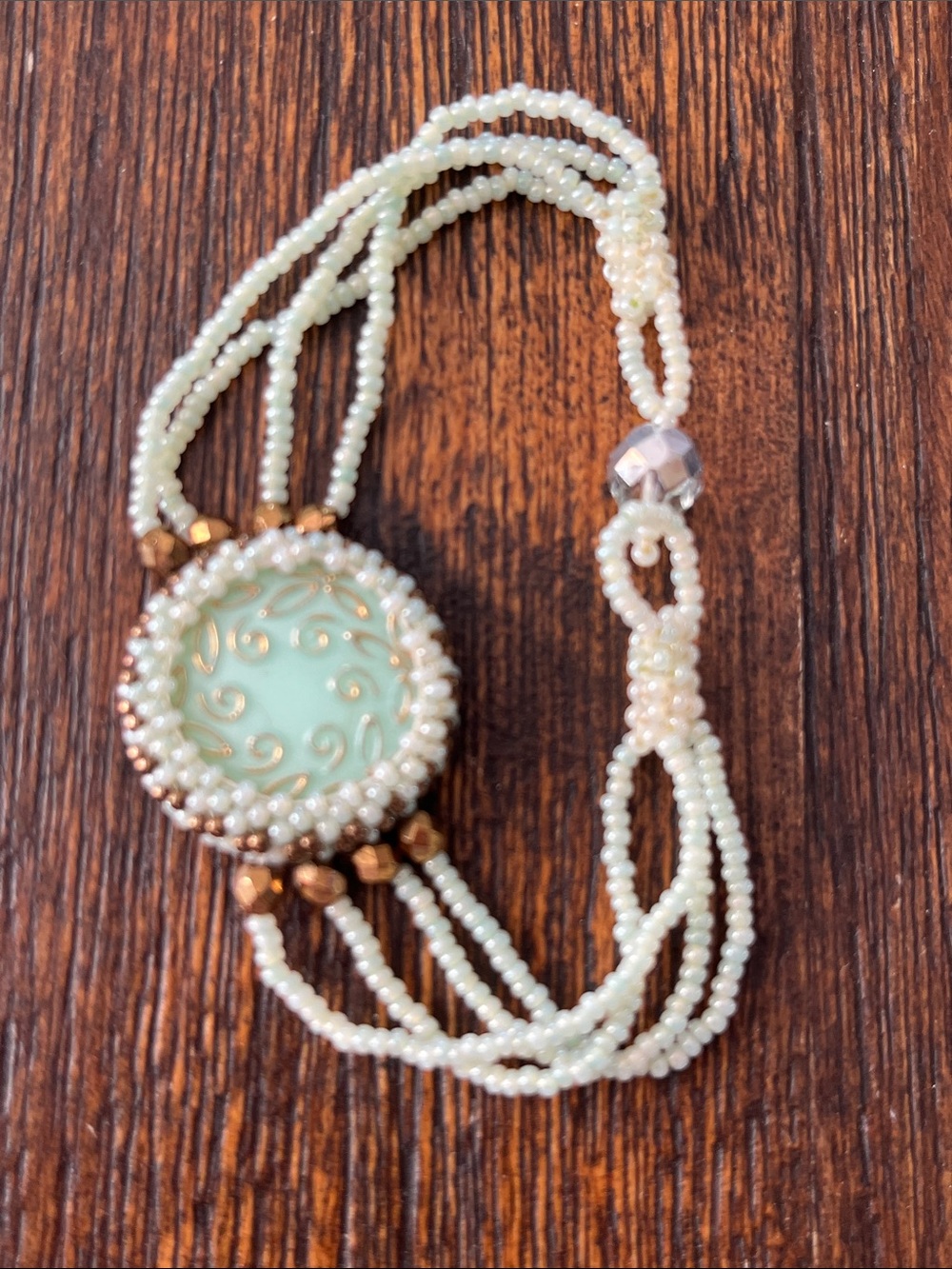 Beautiful hand beaded bracelet… prettiest green and gold